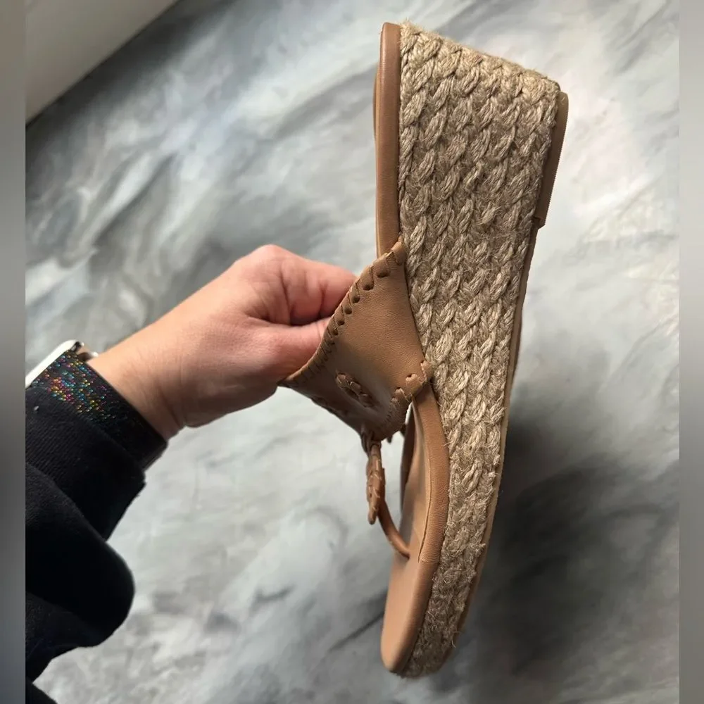 NEW JACK ROGERS Tan High Heel Wedge Espadrille Thong Sandals 8.5